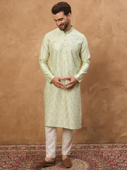 Ethnic Bay Men Peach Silk Blend Solid Embroidered Straight Kurta-MKU1445