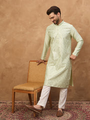 Ethnic Bay Men Peach Silk Blend Solid Embroidered Straight Kurta-MKU1445