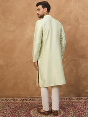 Ethnic Bay Men Peach Silk Blend Solid Embroidered Straight Kurta-MKU1445