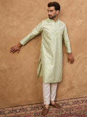 Ethnic Bay Men Peach Silk Blend Solid Embroidered Straight Kurta-MKU1445