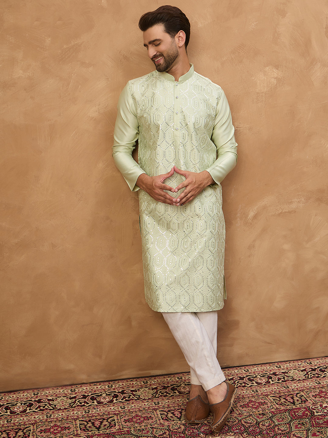 Ethnic Bay Men Peach Silk Blend Solid Embroidered Straight Kurta-MKU1445