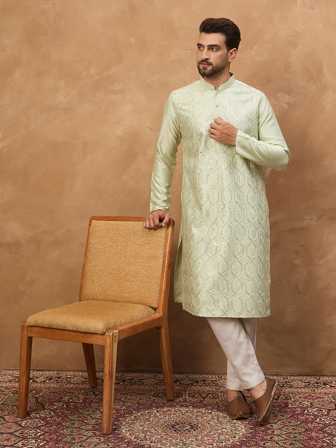 Ethnic Bay Men Peach Silk Blend Solid Embroidered Straight Kurta-MKU1445