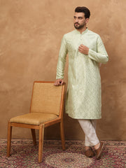 Ethnic Bay Men Peach Silk Blend Solid Embroidered Straight Kurta-MKU1445