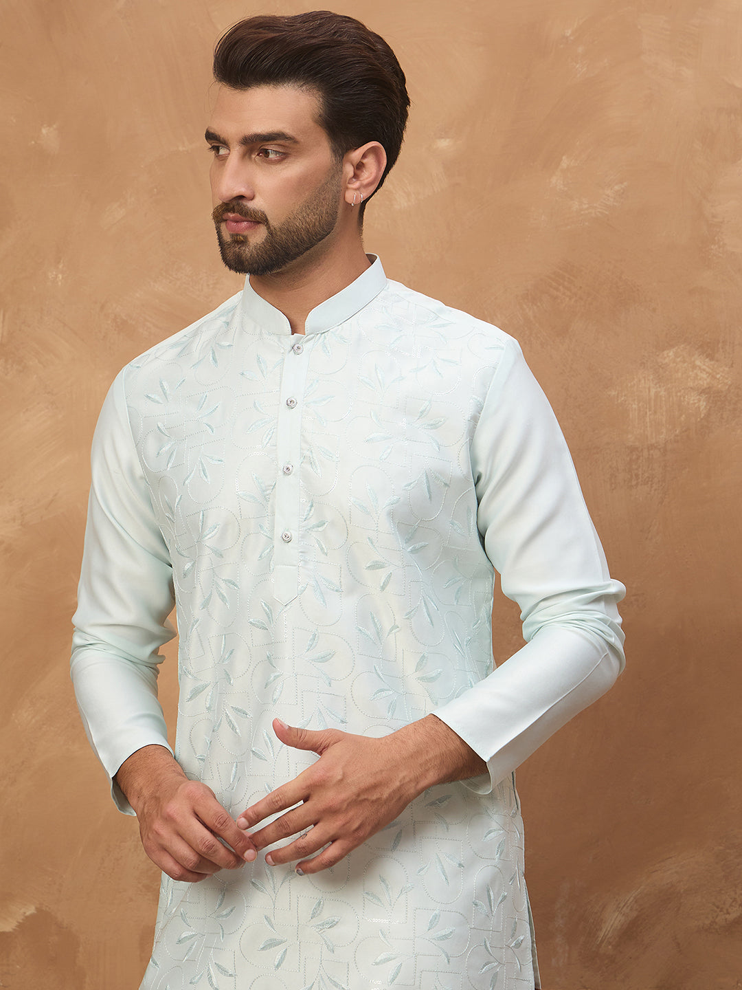 Ethnic Bay Men Blue Silk Blend Solid Embroidered Straight Kurta-MKU1446