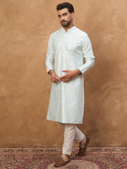 Ethnic Bay Men Blue Silk Blend Solid Embroidered Straight Kurta-MKU1446