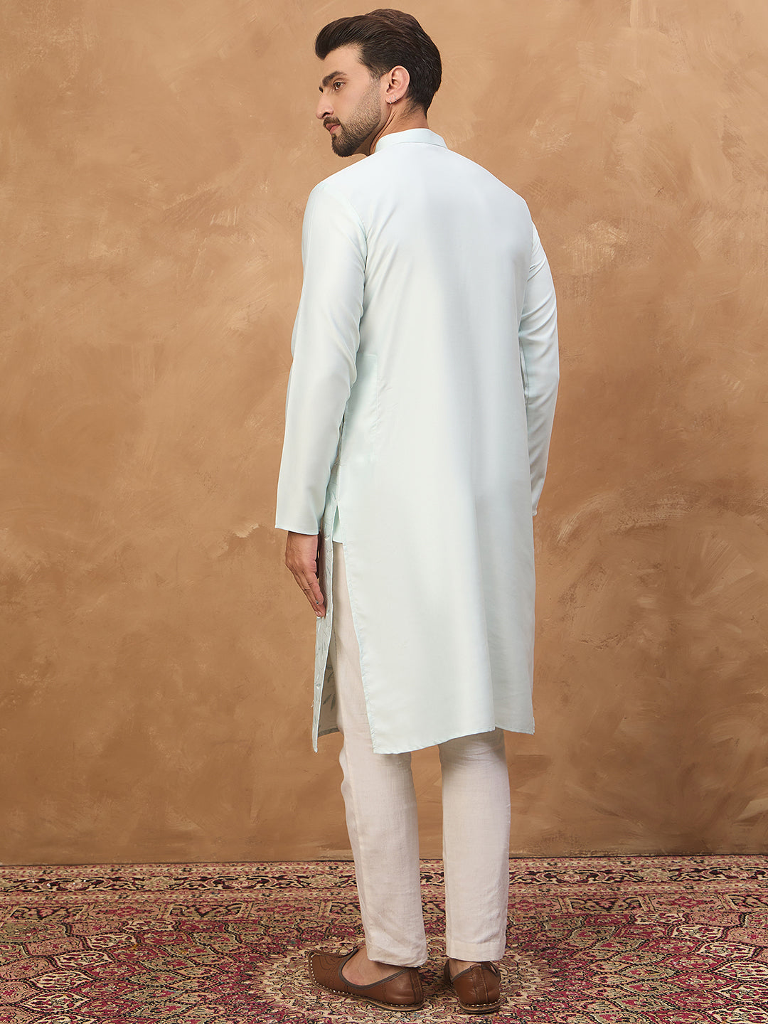 Ethnic Bay Men Blue Silk Blend Solid Embroidered Straight Kurta-MKU1446