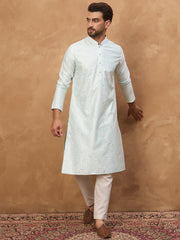 Ethnic Bay Men Blue Silk Blend Solid Embroidered Straight Kurta-MKU1446