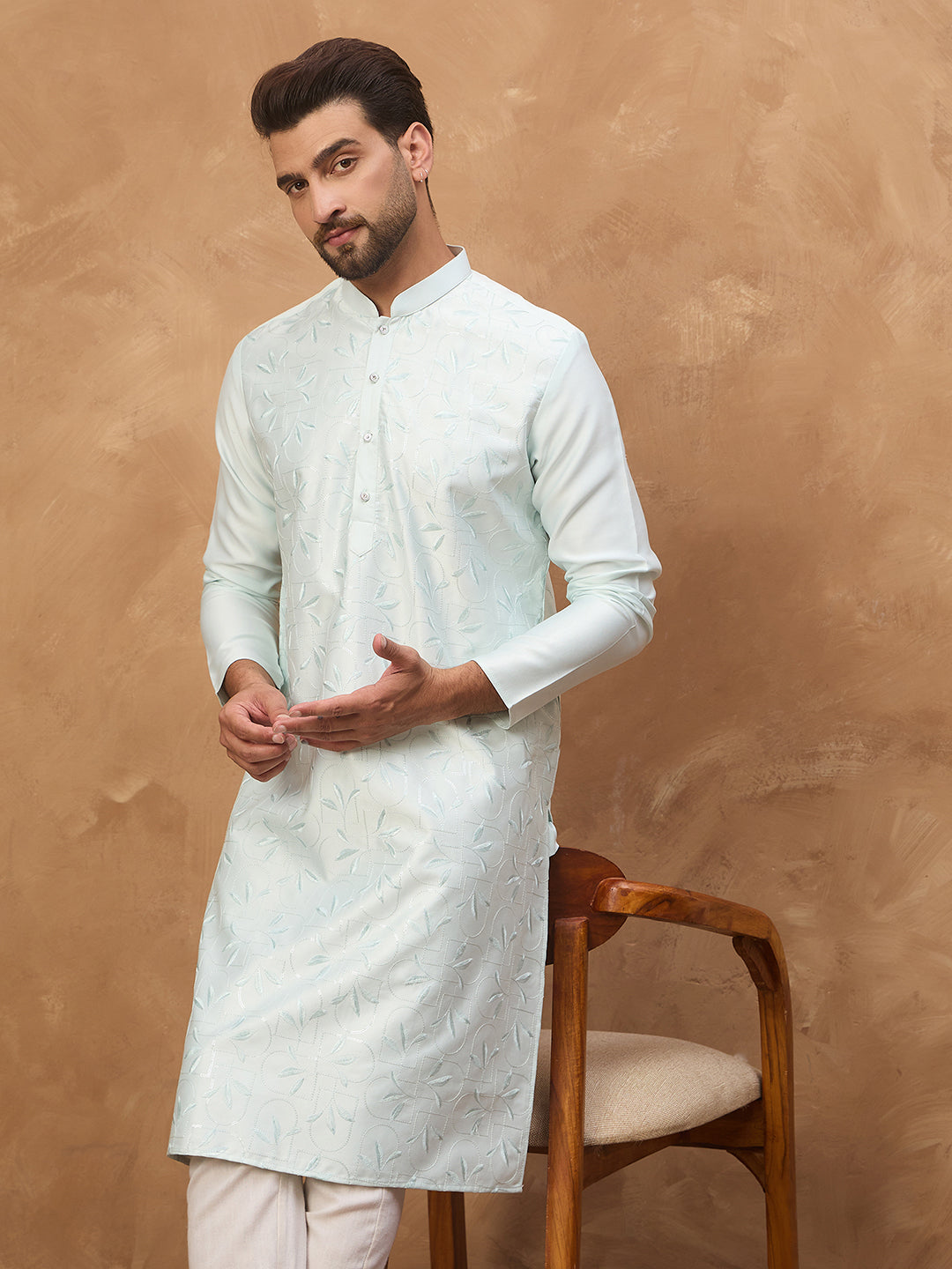 Ethnic Bay Men Blue Silk Blend Solid Embroidered Straight Kurta-MKU1446