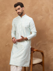 Ethnic Bay Men Blue Silk Blend Solid Embroidered Straight Kurta-MKU1446