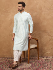 Ethnic Bay Men Blue Silk Blend Solid Embroidered Straight Kurta-MKU1446
