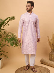 Ethnic Bay Men Lavender Silk Blend Solid Embroidered Straight Kurta-MKU1447