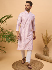 Ethnic Bay Men Lavender Silk Blend Solid Embroidered Straight Kurta-MKU1447