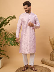 Ethnic Bay Men Lavender Silk Blend Solid Embroidered Straight Kurta-MKU1447