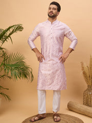 Ethnic Bay Men Lavender Silk Blend Solid Embroidered Straight Kurta-MKU1447