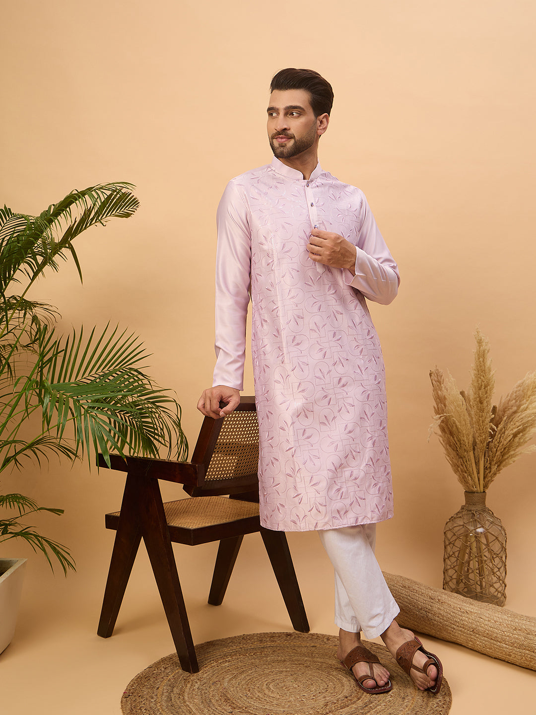 Ethnic Bay Men Lavender Silk Blend Solid Embroidered Straight Kurta-MKU1447