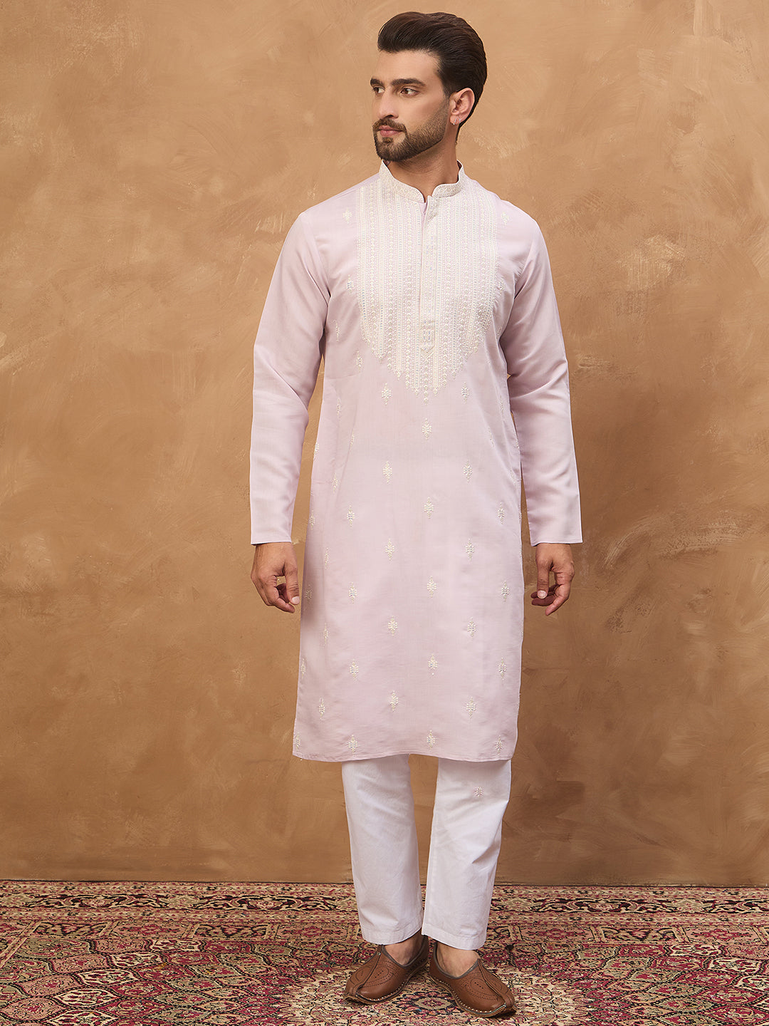 Ethnic Bay Men Lavender Silk Blend Solid Embroidered Straight Kurta-MKU1448