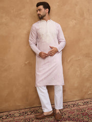 Ethnic Bay Men Lavender Silk Blend Solid Embroidered Straight Kurta-MKU1448