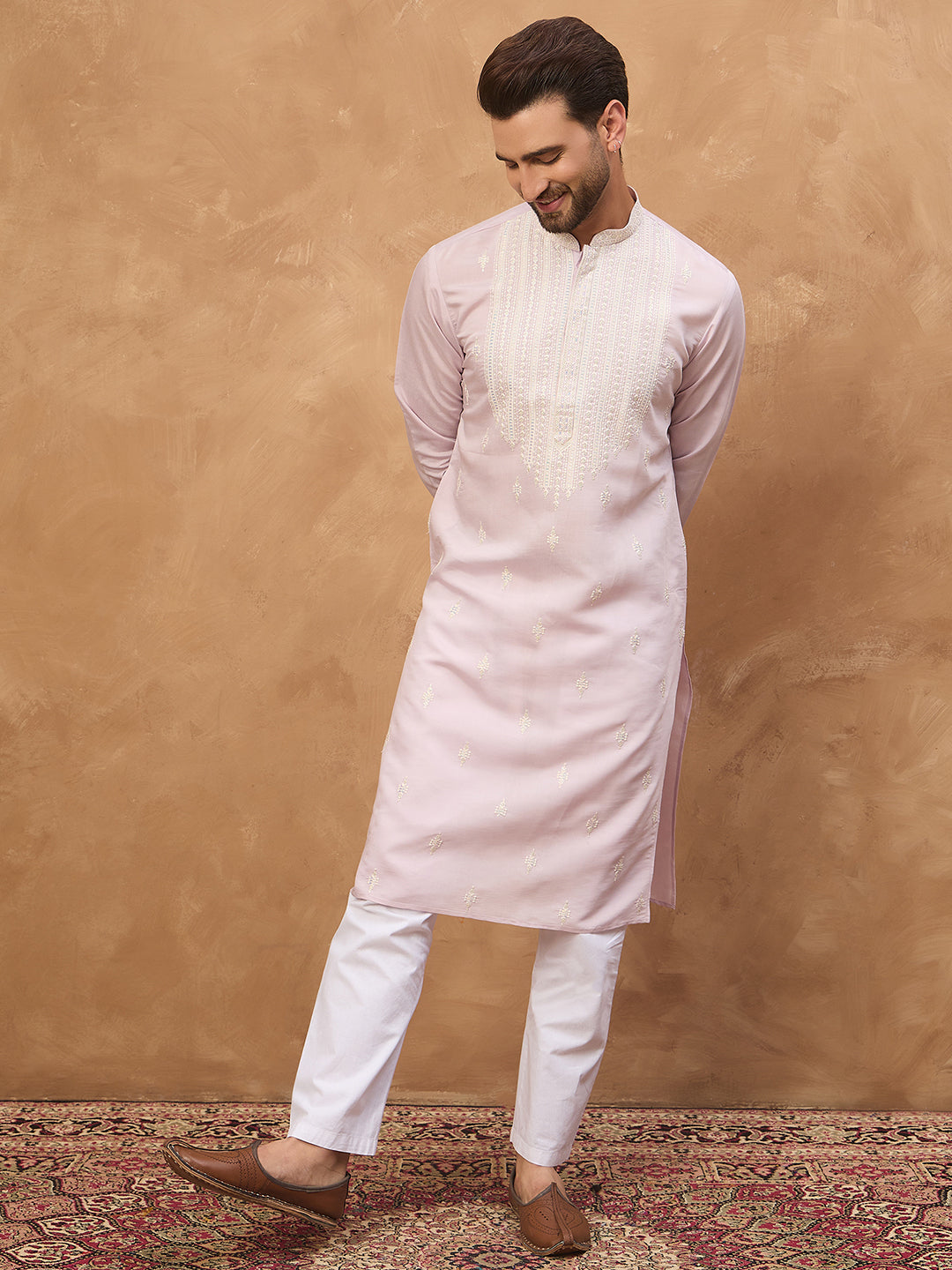 Ethnic Bay Men Lavender Silk Blend Solid Embroidered Straight Kurta-MKU1448