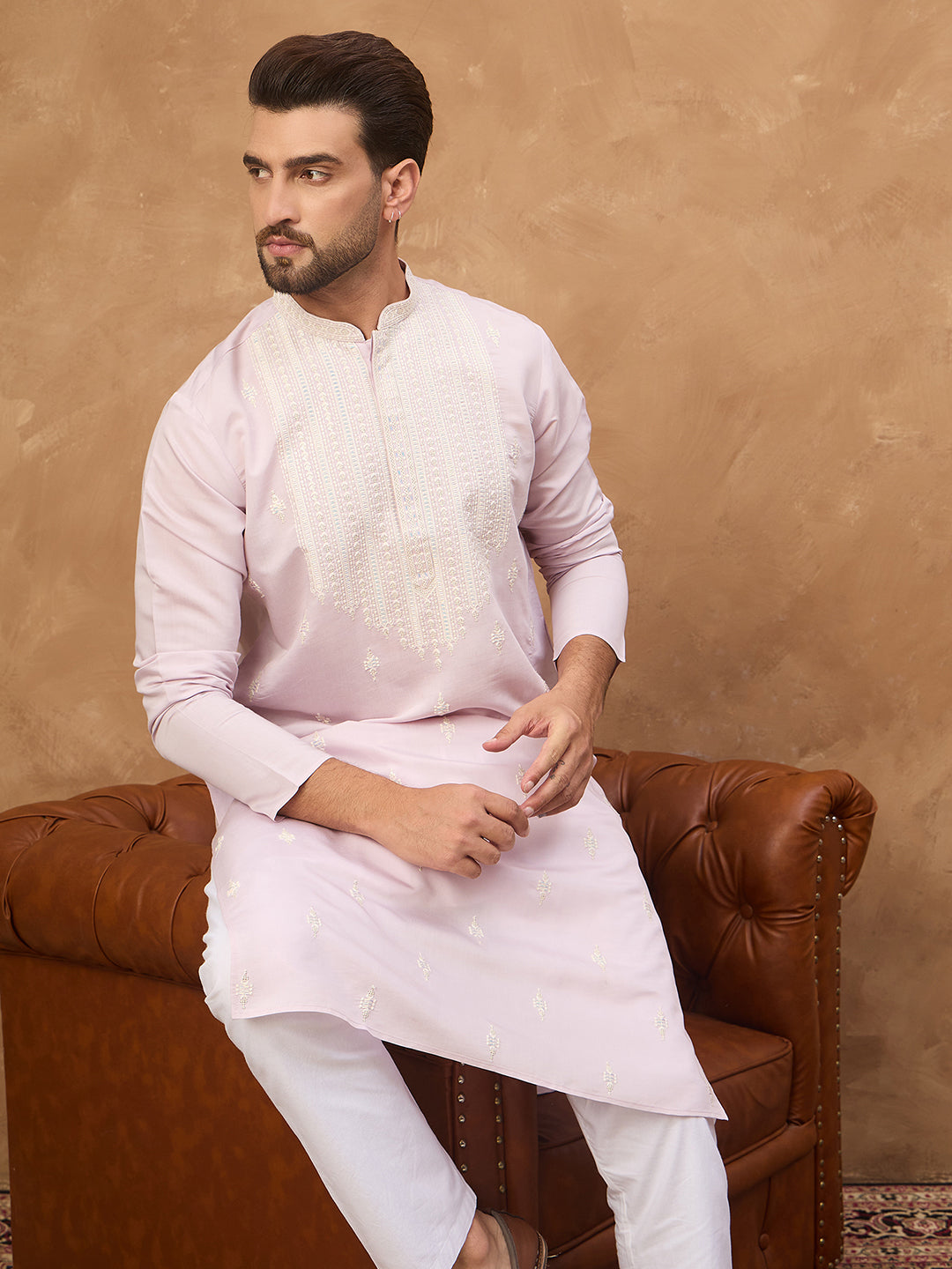 Ethnic Bay Men Lavender Silk Blend Solid Embroidered Straight Kurta-MKU1448