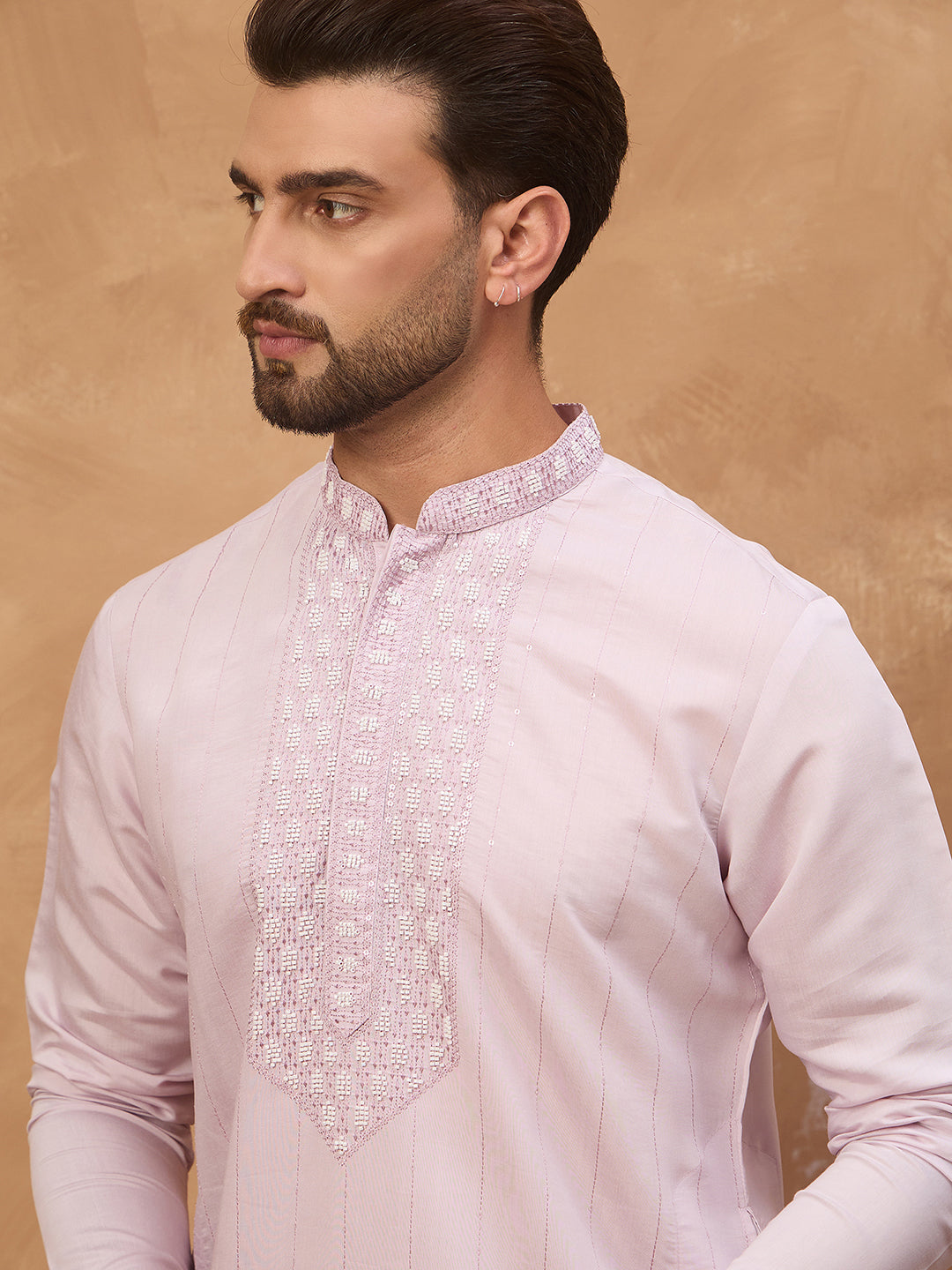 Ethnic Bay Men Lavender Silk Blend Solid Embroidered Straight Kurta-MKU1449