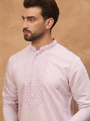 Ethnic Bay Men Lavender Silk Blend Solid Embroidered Straight Kurta-MKU1449