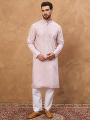 Ethnic Bay Men Lavender Silk Blend Solid Embroidered Straight Kurta-MKU1449