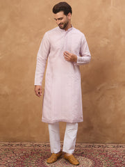 Ethnic Bay Men Lavender Silk Blend Solid Embroidered Straight Kurta-MKU1449