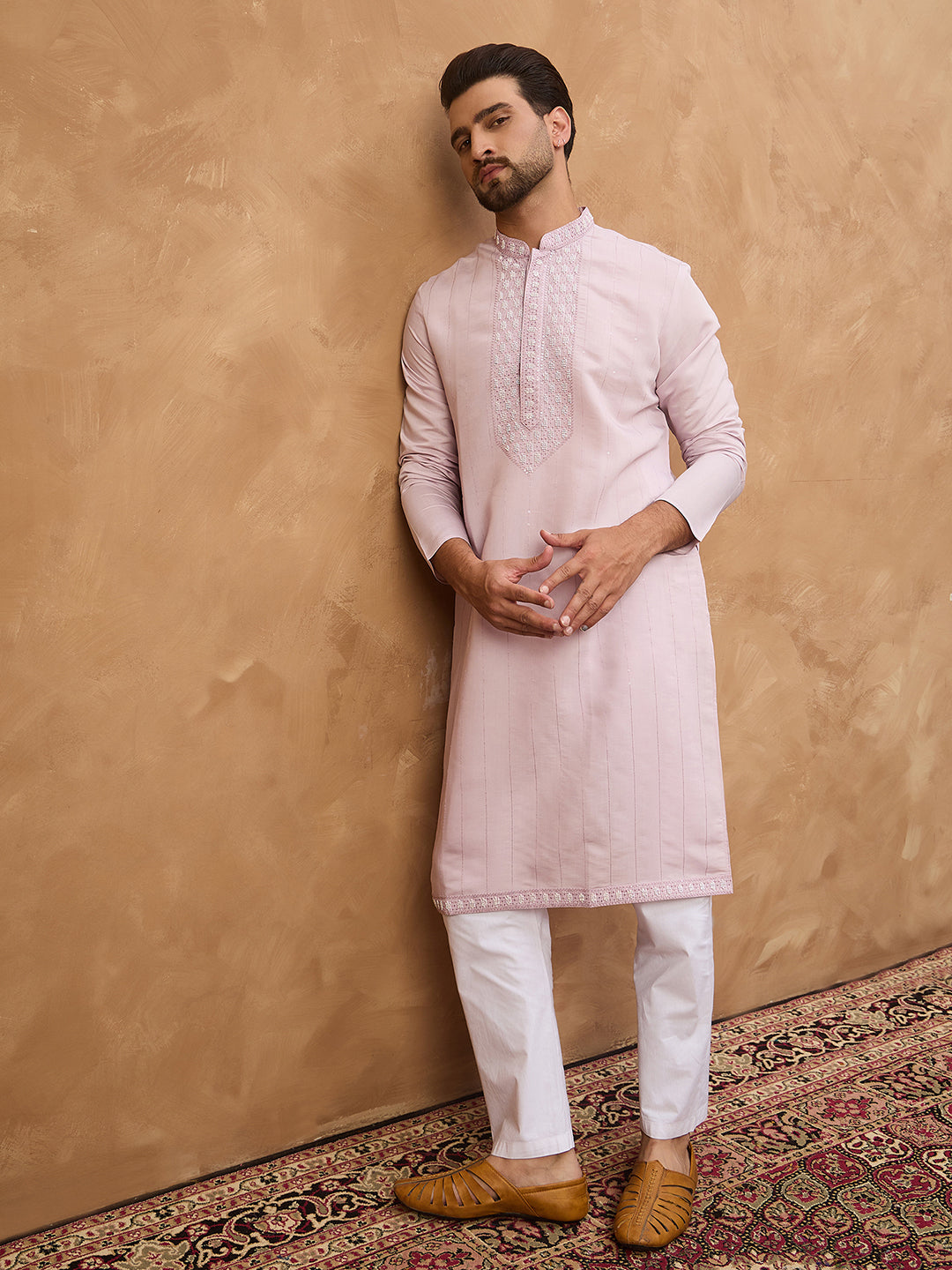 Ethnic Bay Men Lavender Silk Blend Solid Embroidered Straight Kurta-MKU1449