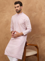Ethnic Bay Men Lavender Silk Blend Solid Embroidered Straight Kurta-MKU1449