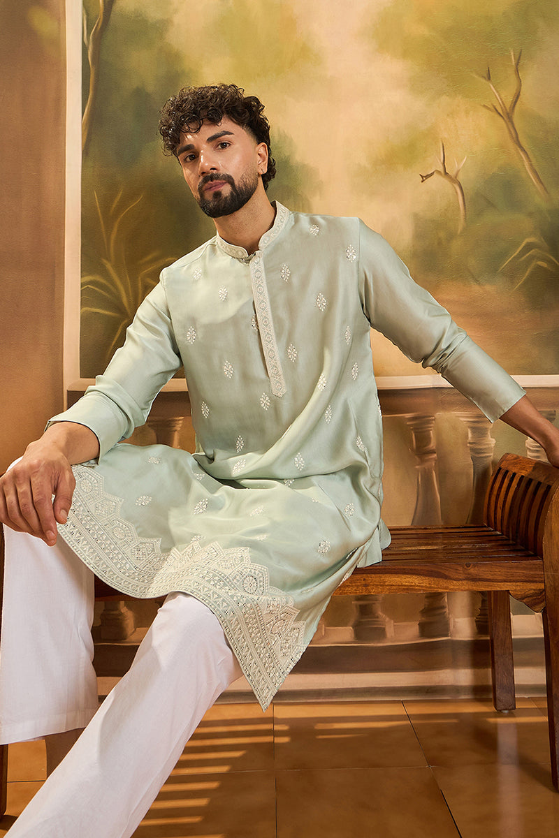 Green Silk Blend Solid Embroidered Straight Kurta MKU1450
