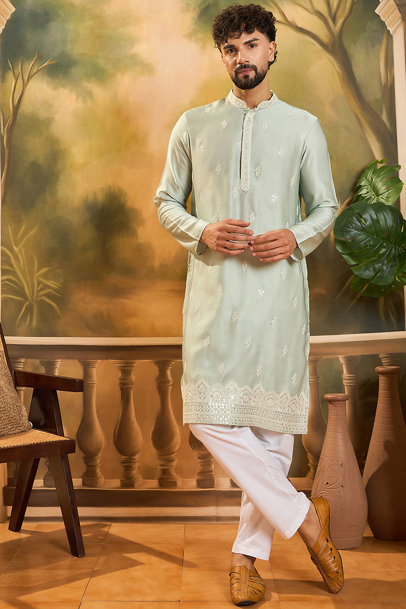 Green Silk Blend Solid Embroidered Straight Kurta MKU1450