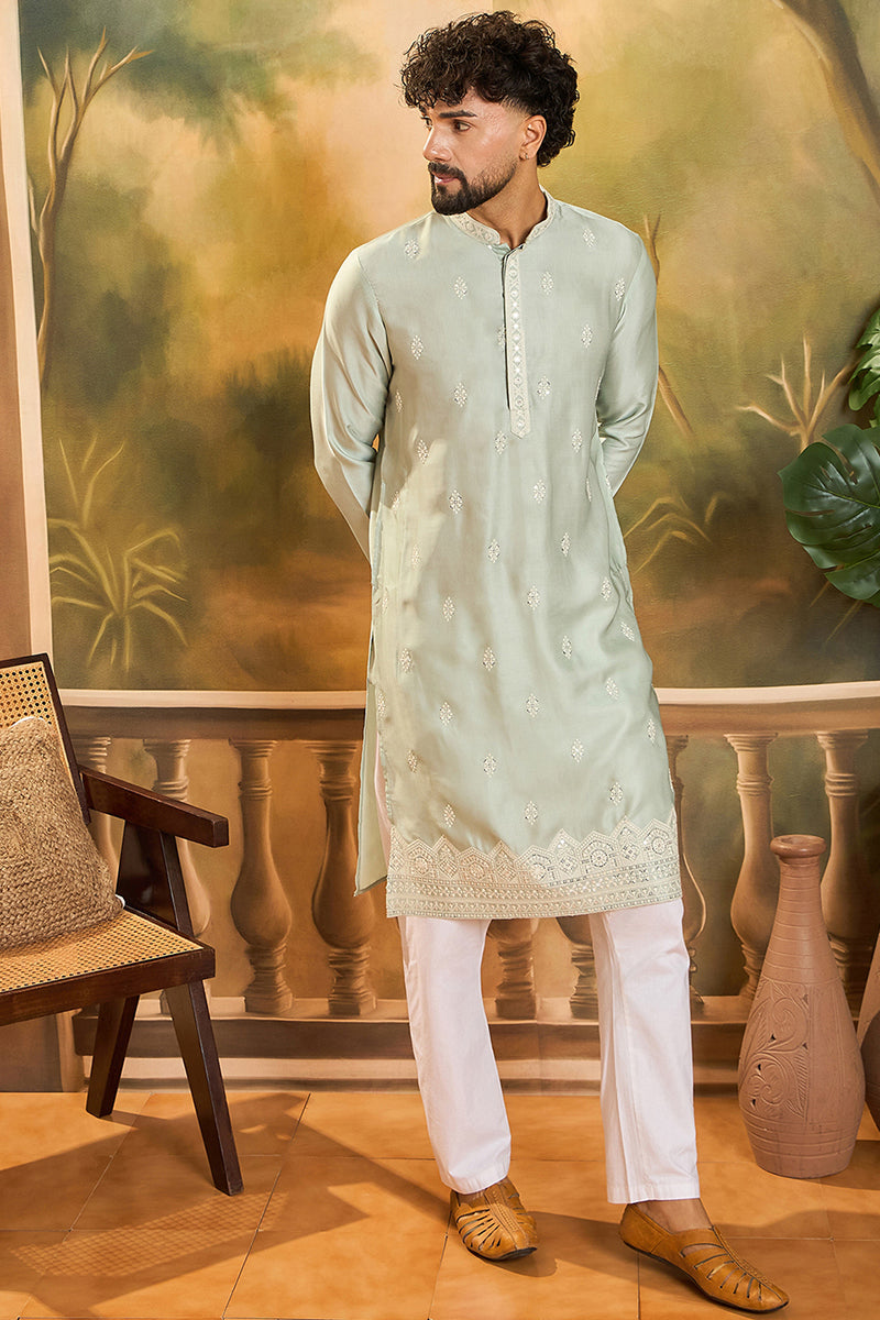 Green Silk Blend Solid Embroidered Straight Kurta MKU1450