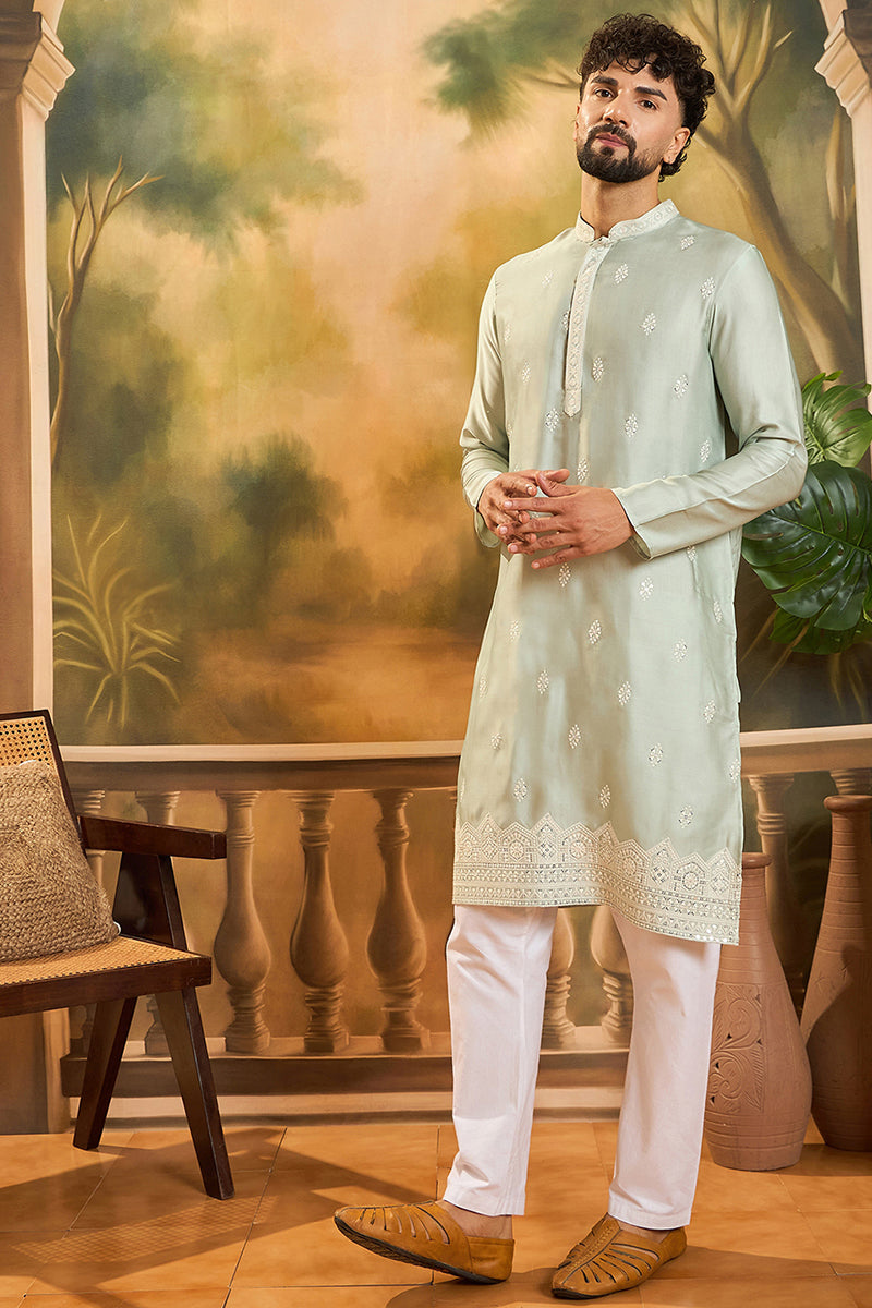 Green Silk Blend Solid Embroidered Straight Kurta MKU1450