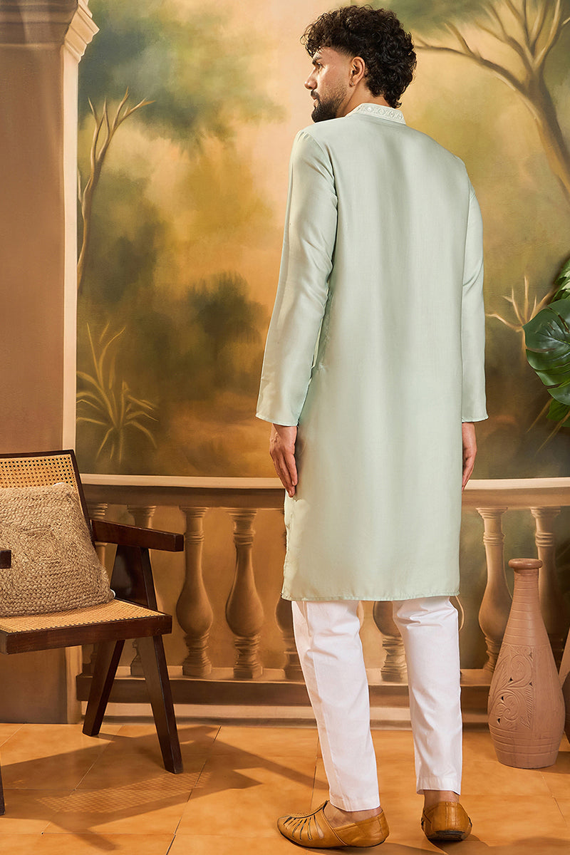 Green Silk Blend Solid Embroidered Straight Kurta MKU1450