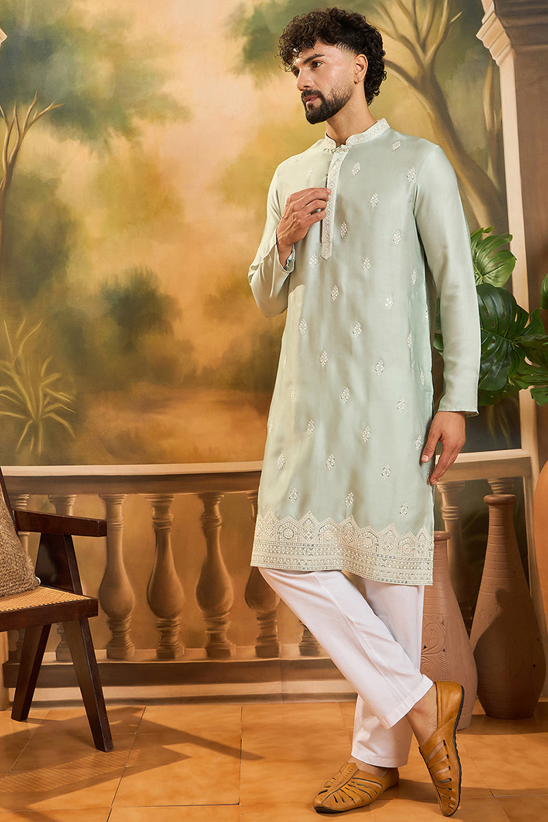 Green Silk Blend Solid Embroidered Straight Kurta MKU1450