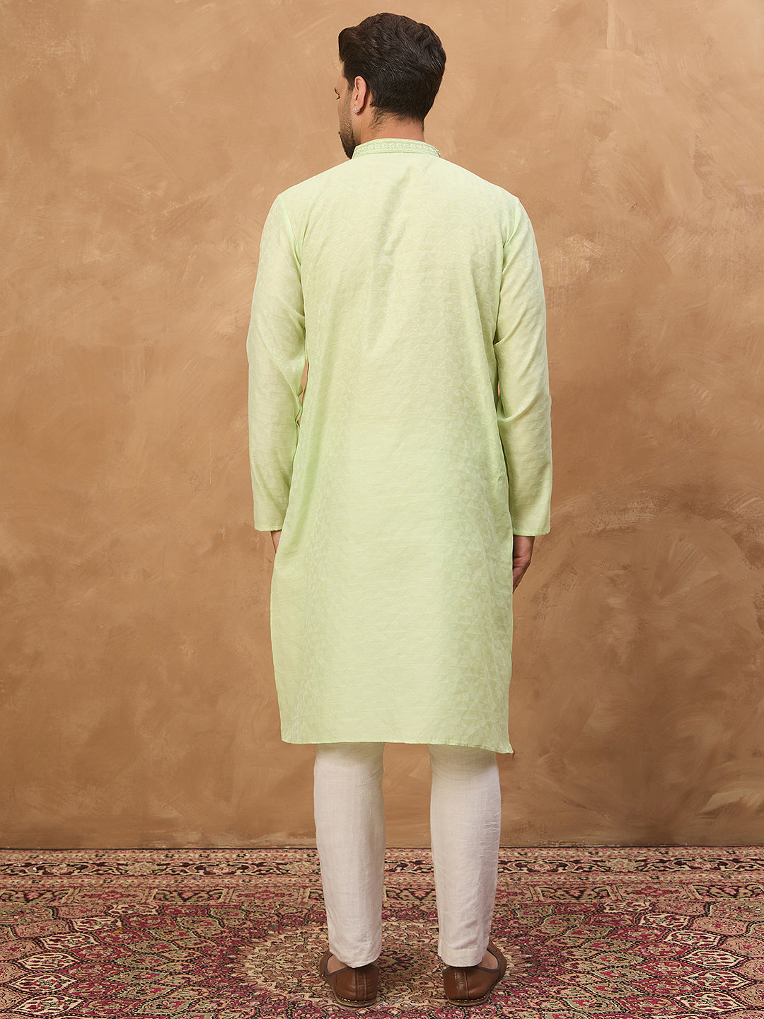 Ethnic Bay Men Green Silk Blend Solid Embroidered Straight Kurta-MKU1451