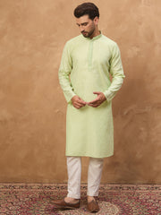 Ethnic Bay Men Green Silk Blend Solid Embroidered Straight Kurta-MKU1451