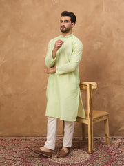 Ethnic Bay Men Green Silk Blend Solid Embroidered Straight Kurta-MKU1451