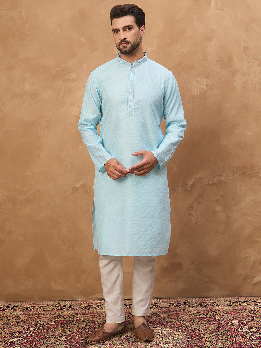Ethnic Bay Men Blue Silk Blend Solid Embroidered Straight Kurta-MKU1452