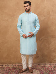 Ethnic Bay Men Blue Silk Blend Solid Embroidered Straight Kurta-MKU1452