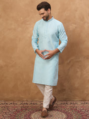 Ethnic Bay Men Blue Silk Blend Solid Embroidered Straight Kurta-MKU1452