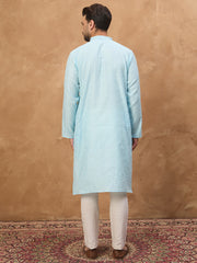 Ethnic Bay Men Blue Silk Blend Solid Embroidered Straight Kurta-MKU1452