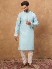 Ethnic Bay Men Blue Silk Blend Solid Embroidered Straight Kurta-MKU1452