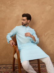 Ethnic Bay Men Blue Silk Blend Solid Embroidered Straight Kurta-MKU1452