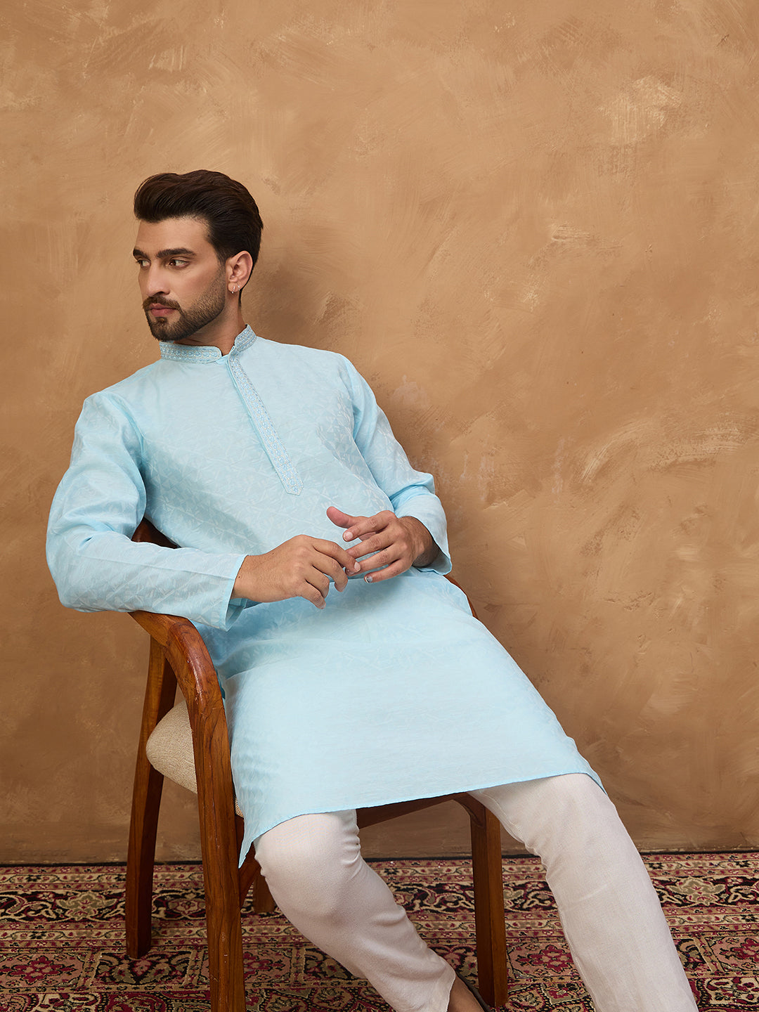 Ethnic Bay Men Blue Silk Blend Solid Embroidered Straight Kurta-MKU1452