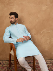 Ethnic Bay Men Blue Silk Blend Solid Embroidered Straight Kurta-MKU1452