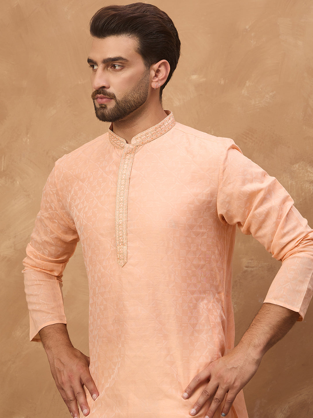 Ethnic Bay Men Peach Silk Blend Solid Embroidered Straight Kurta-MKU1453