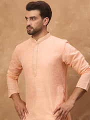 Ethnic Bay Men Peach Silk Blend Solid Embroidered Straight Kurta-MKU1453
