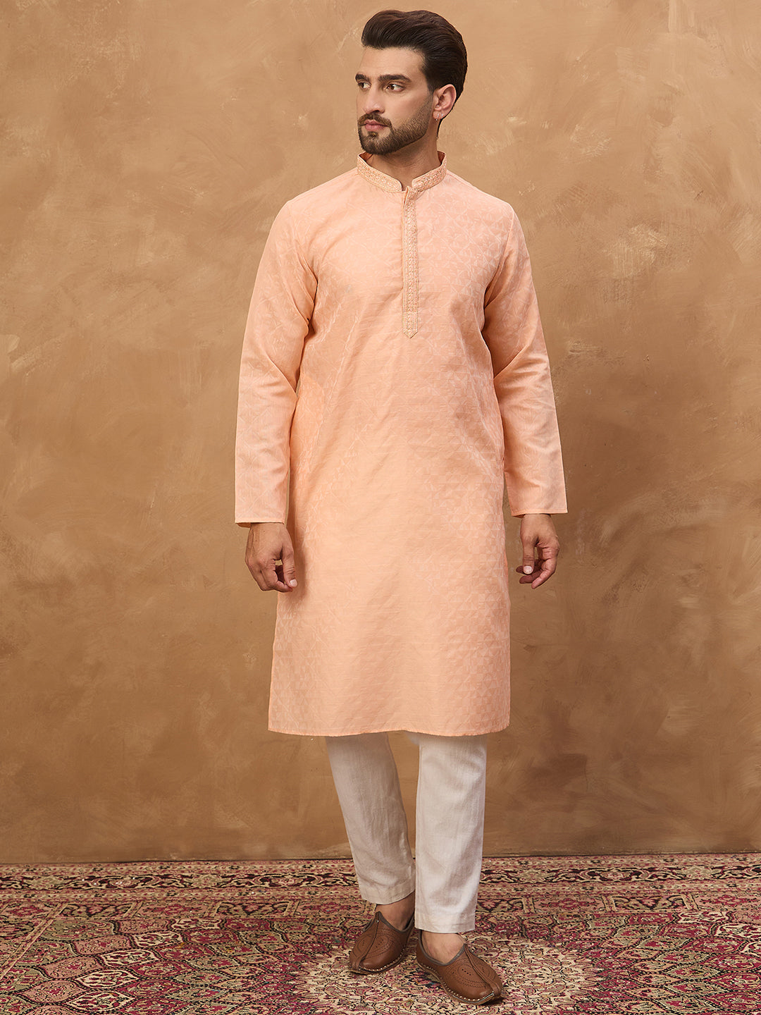 Ethnic Bay Men Peach Silk Blend Solid Embroidered Straight Kurta-MKU1453