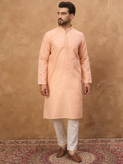 Ethnic Bay Men Peach Silk Blend Solid Embroidered Straight Kurta-MKU1453